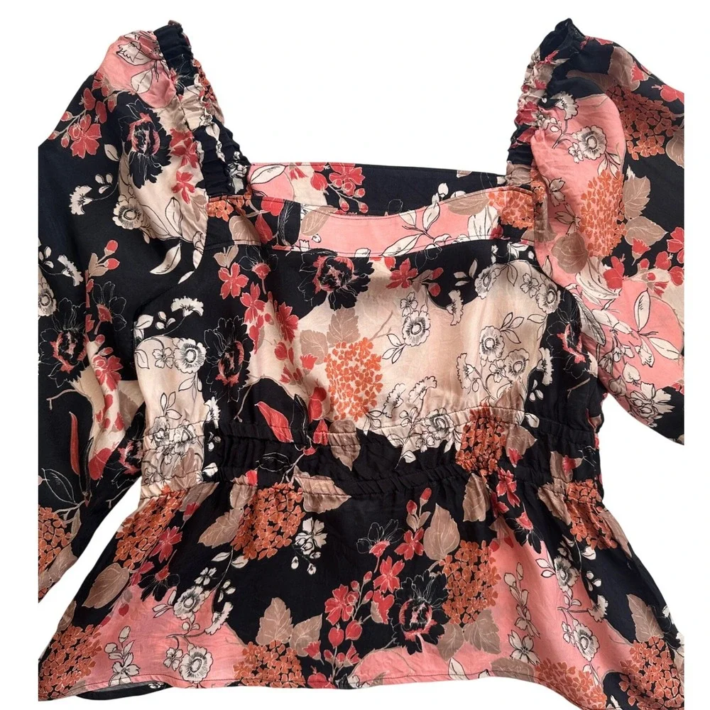 Spartina 449 Floral Cupro Peplum Blouse Wmns Large Black Pink Excellent Long Slv